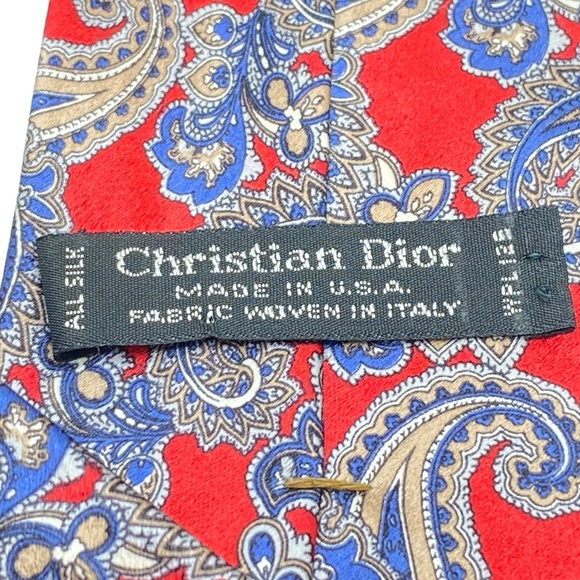 Christian Dior Red & Blue Paisley Woven 100% Silk Tie - Picture 5 of 7
